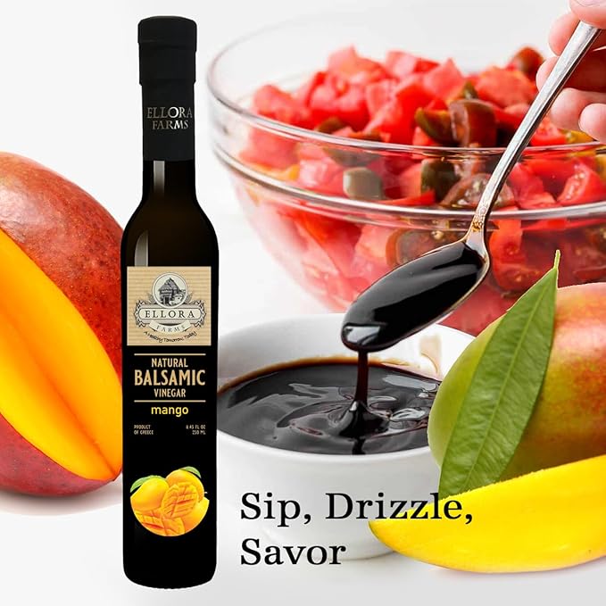 Ellora Farms, Mango fruit Infused Greek Balsamic Vinegar, thick and creamy, no-added sugars, no-preservatives, 8.45 oz. bottle, Pack of 1