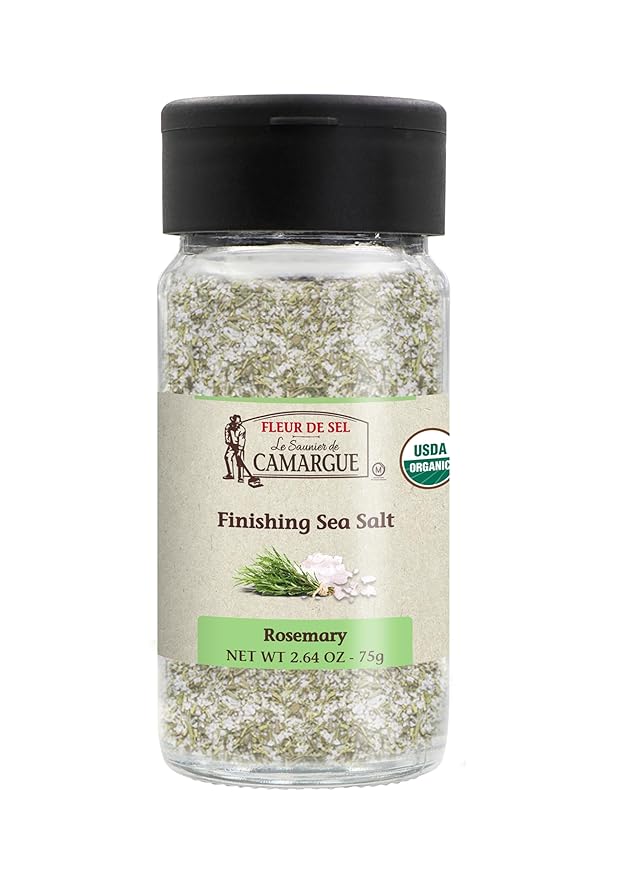 Le Saunier de Camargue Fleur de Sel with Organic Rosemary – French Sea Salt Finishing Salt with Fresh Herb Flavor – Gourmet Hand-Harvested Flaky Salt in Glass Shaker – 80g