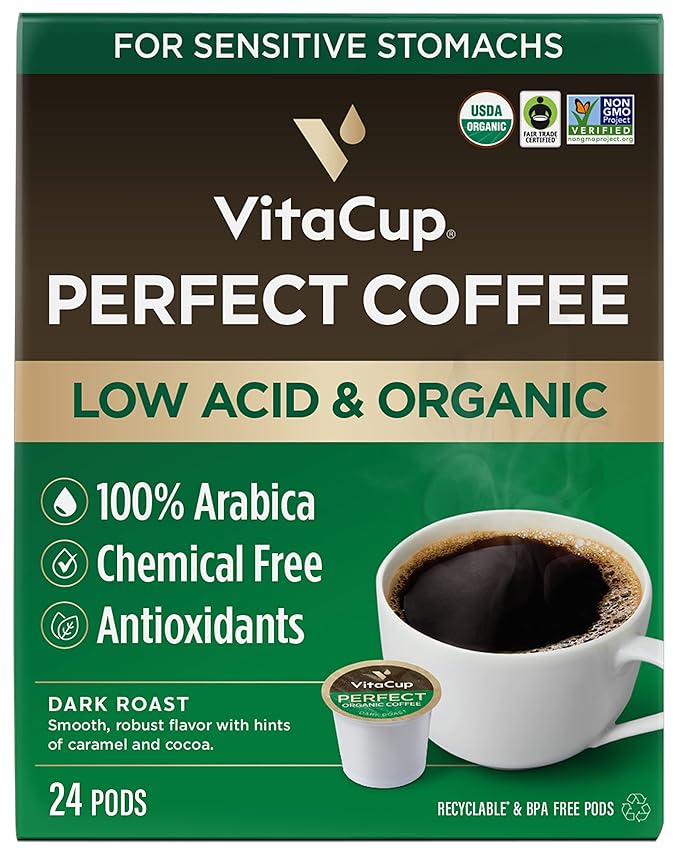 VitaCup Perfect Low Acid Coffee Pods, USDA Organic & Fair Trade, Mycotoxin Free, Dark Roast Guatemala Single Origin, Clean & Pure Recyclable Single Serve Pod compatible w/Keurig K-Cup Brewers,24 CT
