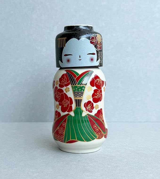 Japanese Traditional Kokeshi Design Sake Wine Soju Ceramic Set with 1 Ochoko Cup and 1 Tokkuri Bottle Gifts (Kokeshi Ume Maiko)