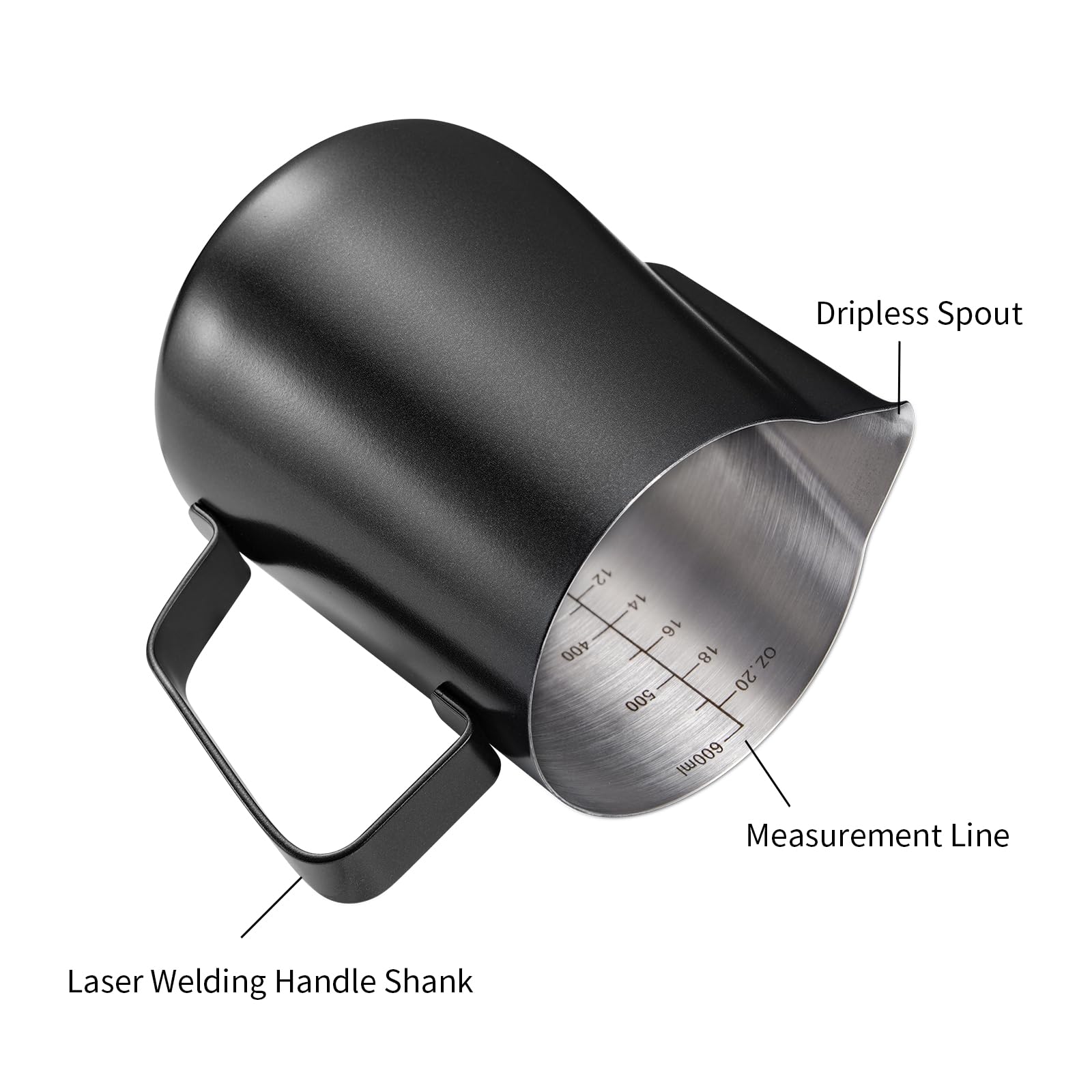 2 Pack Matte Black Milk Frothing Pitcher, 12oz/350ml & 20oz/600ml Espresso Steaming Pitcher