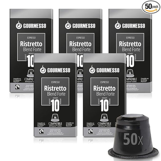 Gourmesso 50ct Espresso Coffee Pods I 50 Nespresso Compatible Coffee Pods I Proudly Fairtrade | Dark Roast I High Intensity 10 I Compatible with Nespresso Original Machines I Ristretto Blend Forte