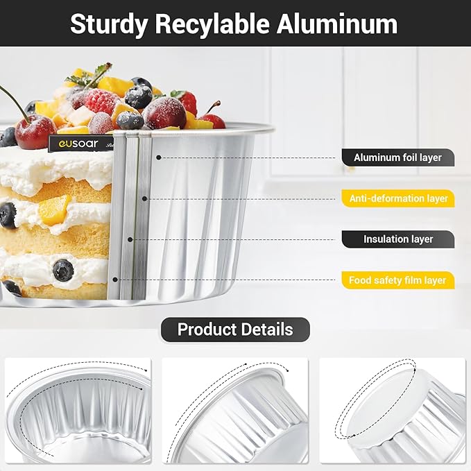 EUSOAR Silver Cupcake Liners, 200pcs 5oz Mini Cake Pans Aluminum Foil Baking Cups with Lids, Cheesecake Muffin Cups, Disposable Dessert Containers Tin for Flan Creme Brulee Souffle Custard Pudding