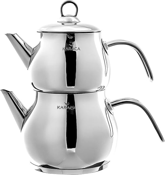 Karaca Layla Teapot Edelstahl, Turkischer Teekocher, Wasserkocher, Teekanne: 1 L Wasserkocher: 1,75 L, T체rkisches Teekannen, Kayra Teekannen Set Metal