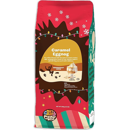 Crazy Cups Flavored Ground Eggnog Coffee, Caramel Eggnog Coffee in 10 oz Bag, For Brewing Flavored Hot or Iced
