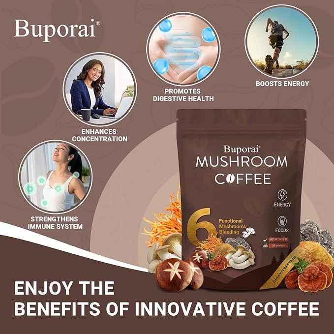Mushroom Coffee, Instant Mushroom Coffee with 6 Mushrooms Lion?™s Mane, Cordyceps, Turkey Tail & Other for Energy, Focus, Digestion, Immunity, 30 Servings (1 Pack)