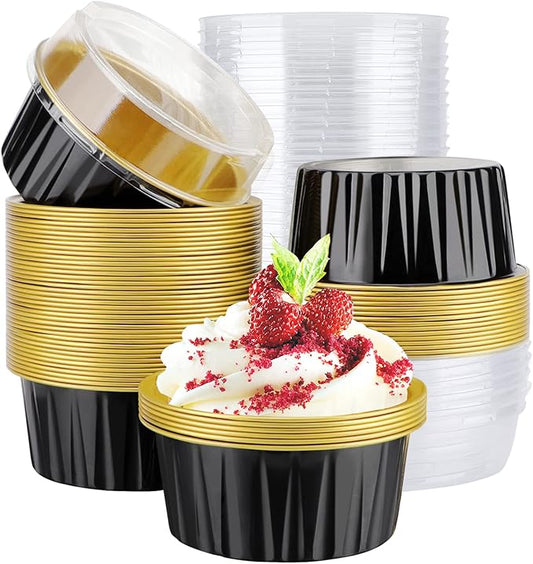 EUSOAR Disposable Creme Brulee Ramekins, 60pcs 5oz Cupcake Liners with Lids Aluminum Foil Baking Dessert Cups Holders, Mini Muffin Ramekins Cheesecake Pan for Catering Wedding Party Favor-Black Gold