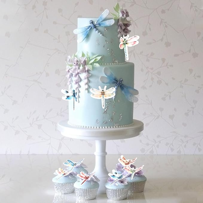Rsstarxi 60 Pack Insect Dragonfly Edible Cake Toppers Rice Paper Insect Themed Birthday Cupcake Picks for Baby Shower Birthday Wedding Anniversary Party Cake Decorations