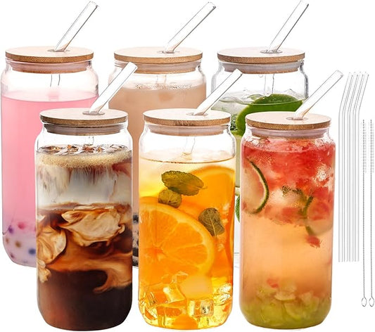YUNCANG 6 Pack Bamboo Lid Glass Drinking Glasses with Glass Straw - 16-ounce Can Shaped Glassware for Beer, Iced Coffee, Cocktails, Whiskey, and More, Perfect for Cocktails, Whiskey, and Gifting