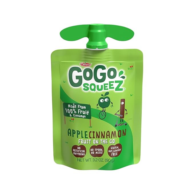 GoGo squeeZ Applesauce and Fruit Puree, Apple Cinnamon, 3.2 oz (Pack of 48), Unsweetened Fruit Snacks for Kids, Gluten Free, Nut Free and Dairy Free, Recloseable Cap, BPA Free Pouches