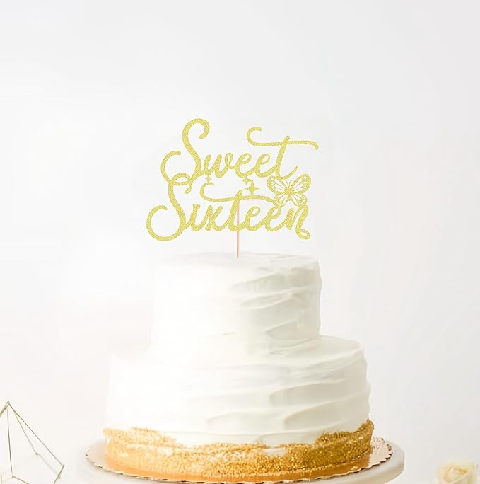 Sweet Sixteen Cake Topper - Gold Glitter Butterfly Theme Sweet 16 Birthday Cake Decorating Supplies for Girls, Sweet 16 Cake Topper for Happy 16th Birthday Anniversary Party Supplies Photo Booth Props