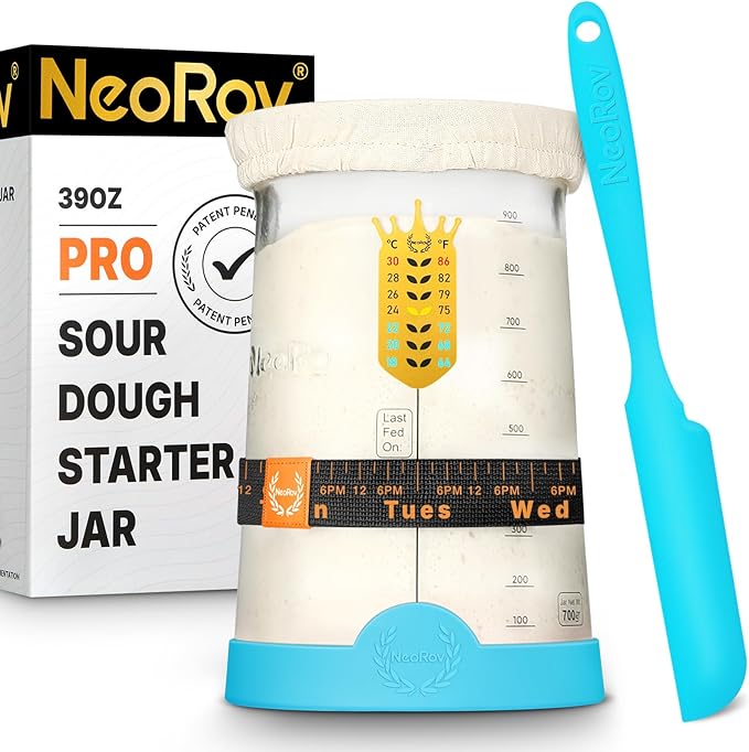 Pro Sourdough Starter Kit - 39 Oz Glass Sourdough Starter Jar (With Cloth Lid,Silicone Base,Scraper,Date Tracker,Temp Strip) - Sourdough Bread Baking Supplies For Sour Dough Bread Loaf (Blue)