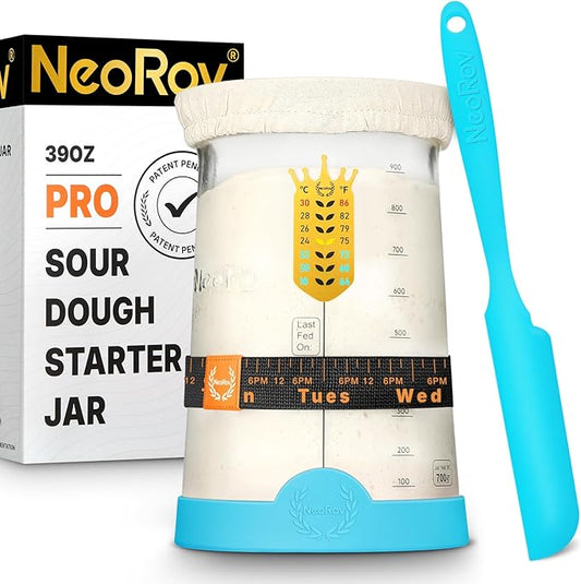 Pro Sourdough Starter Kit - 39 Oz Glass Sourdough Starter Jar (With Cloth Lid,Silicone Base,Scraper,Date Tracker,Temp Strip) - Sourdough Bread Baking Supplies For Sour Dough Bread Loaf (Blue)