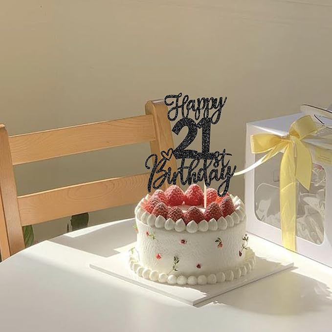 1 PCS Happy 21st Birthday Cake Topper Glitter Cheers to 21 Years Birthday Cake Pick Twenty One 21 Fabulous Cake Decoration for Happy 21st Birthday Anniversary Party Decorations Supplies Black