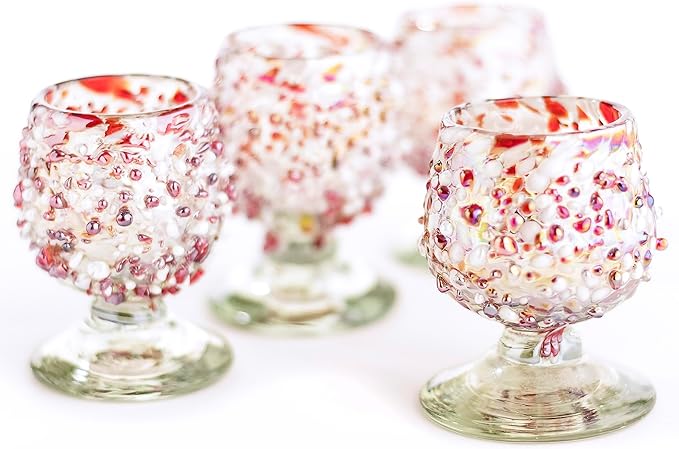 Authentic Mexican Tequila Shot Glasses (Set of 4) - Hand Blown 2oz Mini Snifters - Festive Red & White Stone Blend, Heavy Base