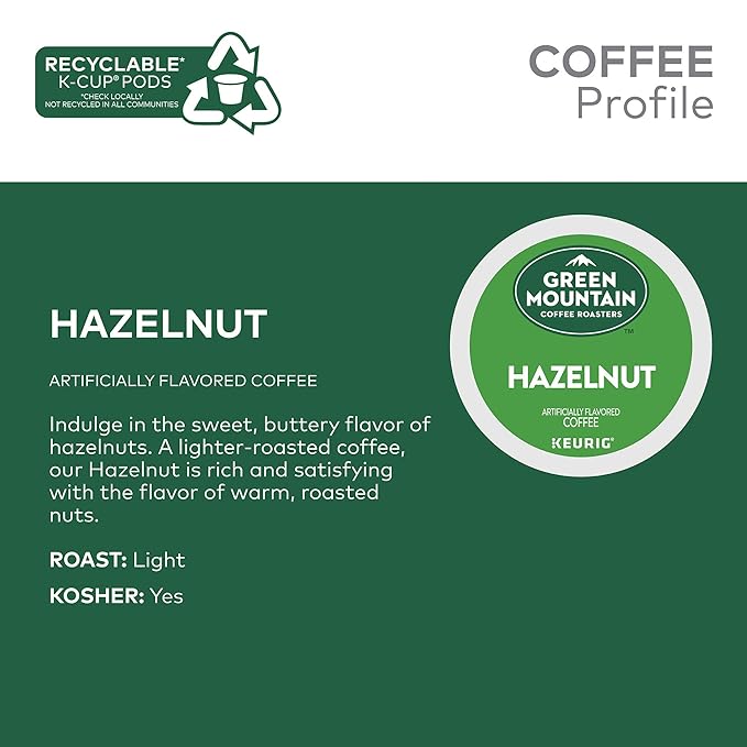 Green Mountain Coffee Roasters Hazelnut, Keurig Single Serve K-Cup Pods, Light Roast Coffee, 60 Count, (6 Packs of 10)