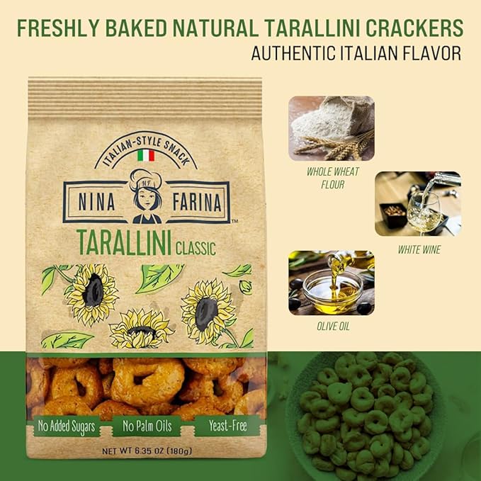 NINA FARINA Tarallini Classic -Fresh Baked Italian Crackers Free from Added Sugars, Palm Oils and Yeast - Italian Style Nutritious Tarallini Crackers Great for Health 6.35oz/bag (4PACK)