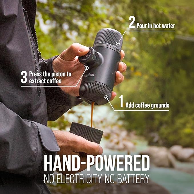 WACACO Nanopresso Portable Espresso Maker Bundled with Protective Case, Mini Travel Coffee Machine, Perfect for Camping, Travel and Officeç«?Blackç«?,<div>