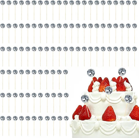 100 Pcs Disco Ball Cupcake Toppers, Happy Birthday Cake Picks Decorations Topper Accessories for 70s Theme Party Favor, Birthday Party, Anniversary