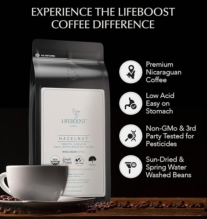 Lifeboost Hazelnut Whole Bean Coffee ??Organic, Low Acid, Non-GMO Hazelnut Flavored Coffee ??Single Origin, Mold-Free Mycotoxin Tested, 12 oz