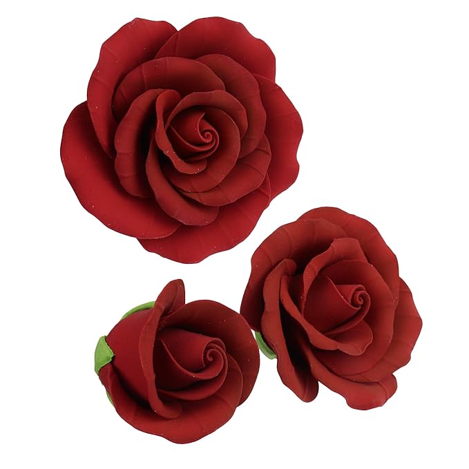 O'Creme Deep Red Rose Gumpaste Flower - for Cake Decorating - Sugar Paste Decorations for Cakes, Cupcake Toppers - Birthday, Wedding, Valentines, Baby Shower - Set of 6-3 Different Sizes