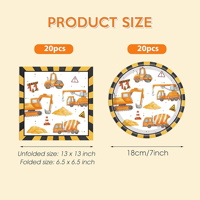 40Pcs Construction Plates and Napkins Set Construction Birthday Decorations Disposable Tableware Paper Plates and Napkins, for Toddler Kids Boys Dump Digger Tractor Excavator Birthday Decor, Serves 20