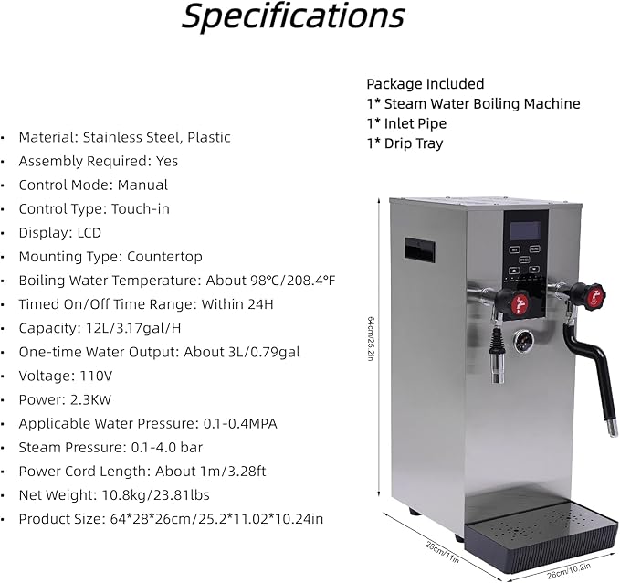 4-in-1 12L Espresso Commercial Coffee Machine Stainless Steel Steam Water Boiling Machine with LCD Screen for Heating Drinks Brewing Tea Boiling Water Foaming Milk, 2300W 110V