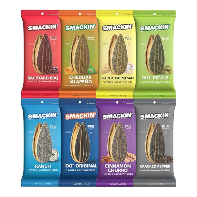 SMACKIN' Sunflower Seeds, Roasted Jumbo Small-Batch, American Made - 8 Flavor Variety. 1.5oz bags (36 Pack)