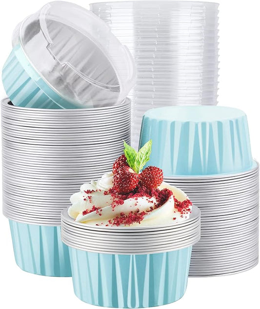 EUSOAR Cake Baking Cups, 100pcs 5oz 125ml Muffin Liners With Lids, Disposable Aluminum Ramekins, Cupcake Liners, Foil Pudding Cups Holders Pans
