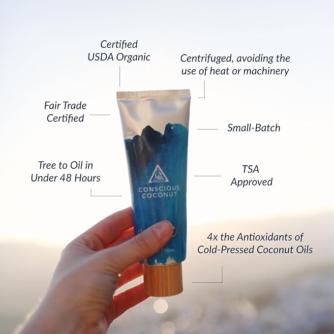 Conscious Coconut Travel-Ready Tube (3.4 oz) - Certified Organic & Fair Trade Coconut Oil for Skin, Health & Wellness - Raw, Virgin, TSA-Approved, Centrifuged, Cold-Pressed, Multipurpose Balm
