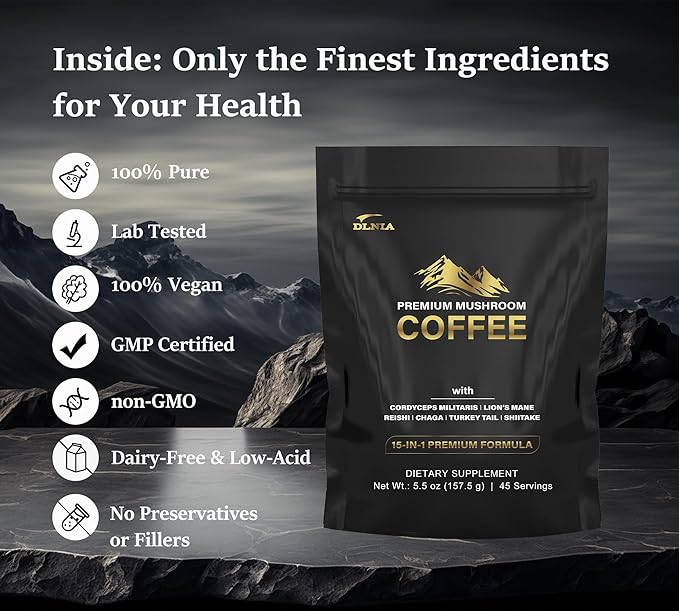 DLNIA Organic Mushroom Coffee with 12 Adaptogenic Mushrooms, Arabica Beans, Coconut Milk & MCT Oil | Cordyceps, Lion?™s Mane & Turkey Tail Instant Coffee for Better Energy, Focus, Digestion, Immunity