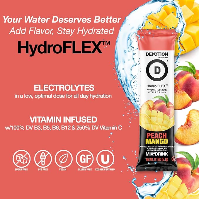 Devotion Nutrition HydroFLEX Water Flavoring Packets ??Sugar-Free Hydration with Vitamins & Electrolytes ??Dye-Free, Gluten-Free (Peach Mango) 12-Pack Drink Mix