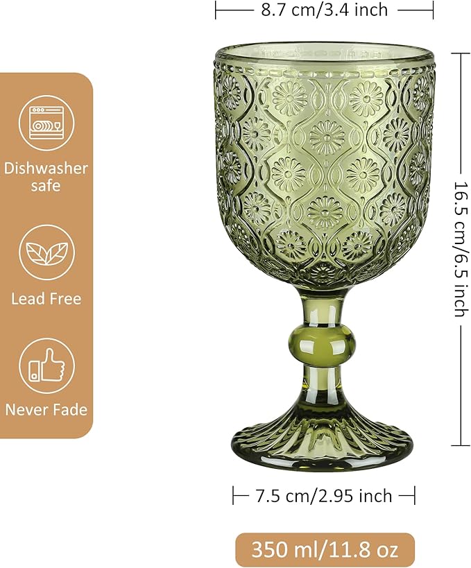 Joeyan Vintage Glass Wine Goblet,Embossed Floral Stemmed Wine Glasses,Colored Drinking Cups,Heavy-Duty Glassware for Wedding Party Bar,Multicolor,12 oz,Set of 4,Dishwasher Safe