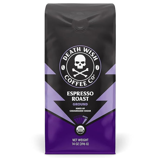 Death Wish Coffee, Organic and Fair Trade Espresso Roast Ground Coffee, 14 ounce (Pack of 1)