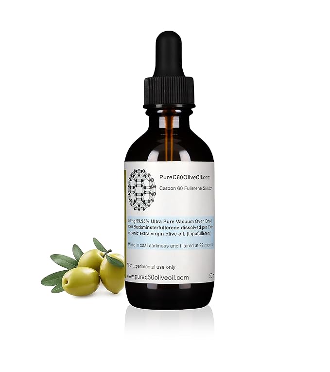 PureC60OliveOil C60 Olive Oil 50ml / 1.7 Fl Oz - 99.95% Carbon 60 Solvent Free 40mg - Amber Glass Bottle - Food Grade - Carbon 60 Olive Oil - From The Leading Global Producer