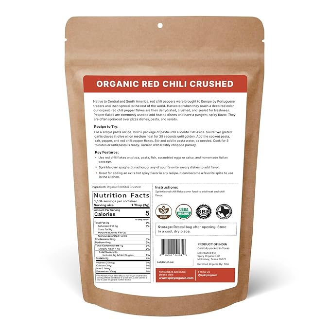 SPICY ORGANIC Crushed Red Pepper Flakes 5 lbs - Robust Chili Peppers Seasoning Spice - USDA Organic, Kosher, Non-GMO- Perfect for Pizza, Pastas, Salads, Sauces, Stews, Marinades and Pickled Vegetables