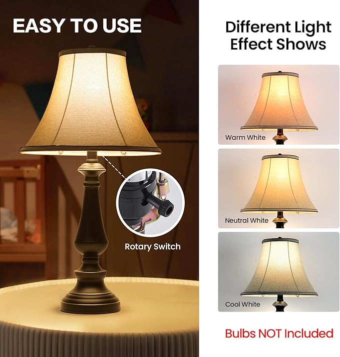 3-Piece Lamp Set (Table & Floor), Black Finish Vintage Brown Fabric Shades for Bedroom