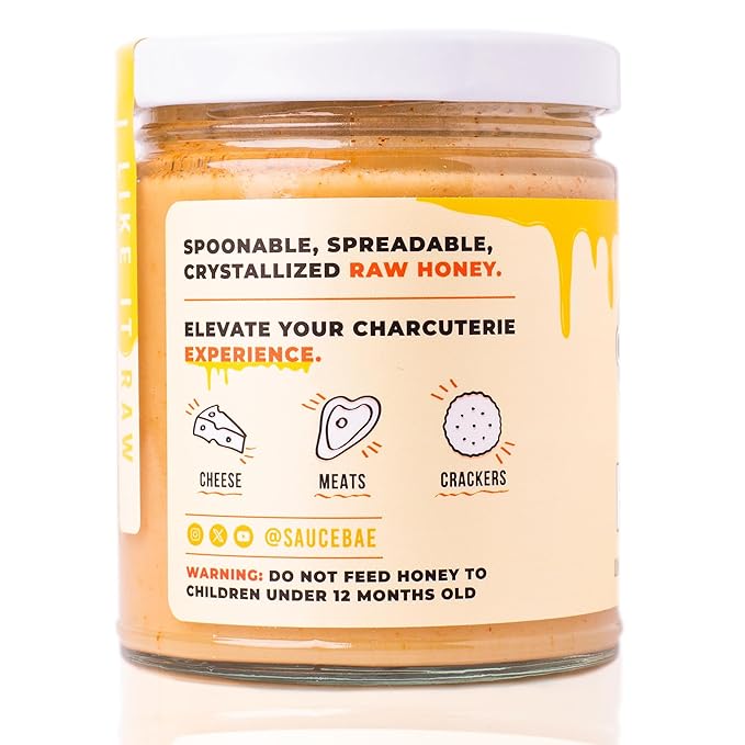 Sauce Bae Hot Raw Honey - Unfiltered & Unpasteurized, 100% USA White Clover, Perfect for Charcuterie & Sandwiches - 12 Oz