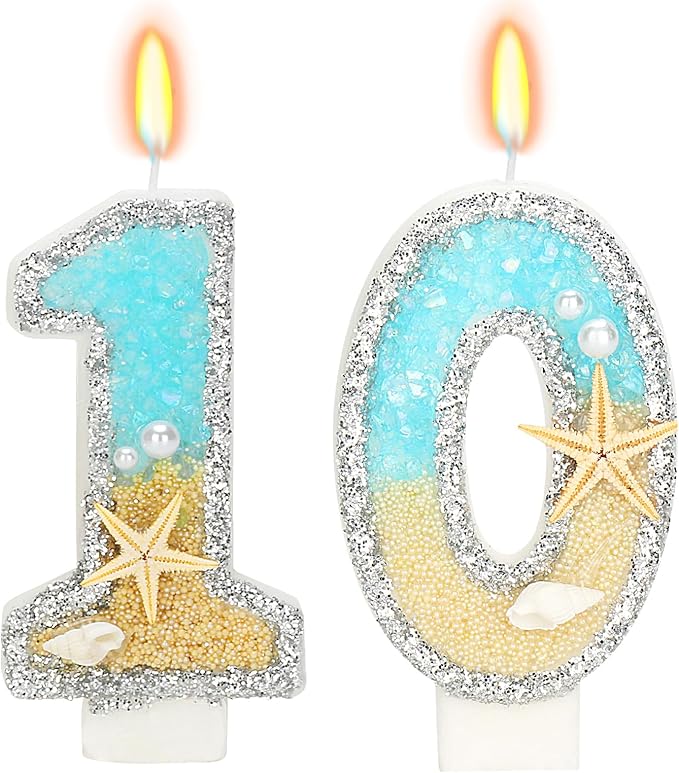 10th Birthday Candle for Cake, Beach Starfish Sequins Candles, 2.76 inch Cake Topper Decoration for Birthday Party (Number 10)