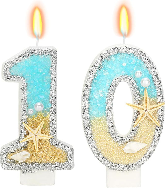 10th Birthday Candle for Cake, Beach Starfish Sequins Candles, 2.76 inch Cake Topper Decoration for Birthday Party (Number 10)