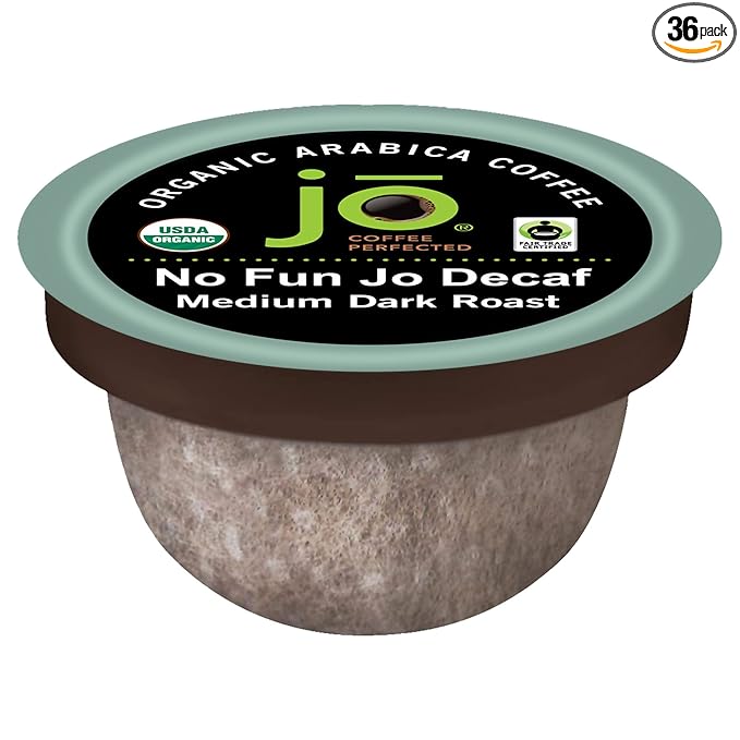 No Fun Jo Decaf: 36 Organic Compostable Pods for Keurig K-Cup Compatible Brewers, Swiss Water Process Single Serve Coffee Medium/Dark Roast Fair Trade