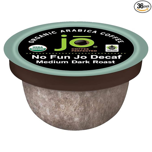 No Fun Jo Decaf: 36 Organic Compostable Pods for Keurig K-Cup Compatible Brewers, Swiss Water Process Single Serve Coffee Medium/Dark Roast Fair Trade