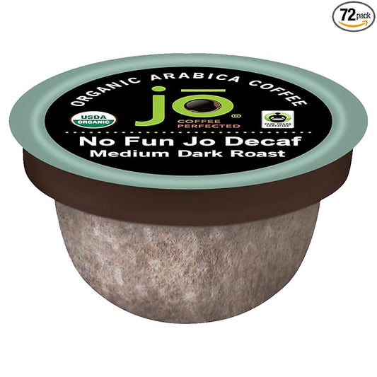 No Fun Jo Decaf: 72 Organic Compostable Pods for Keurig K-Cup Compatible Brewers, Swiss Water Process Single Serve Coffee Medium/Dark Roast Fair Trade