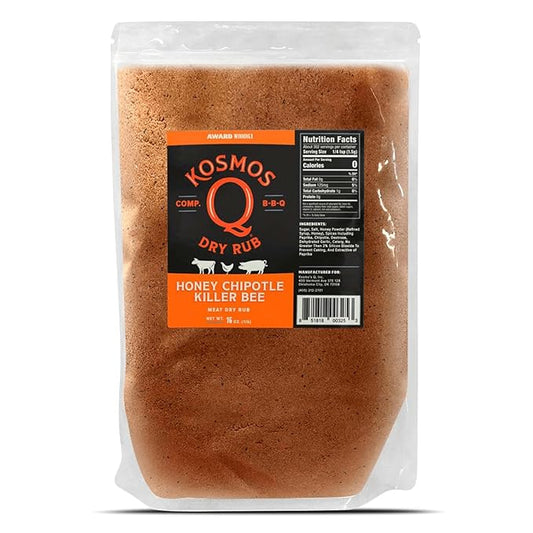 Kosmos Q Honey Chipotle Killer Bee BBQ Dry Rub, Sweet and Spicy Seasoning with Sugar, Chipotle, Garlic, and Paprika for Ribs, Pulled Pork, Chicken, Dry Rub For Smoking and Grilling Meat, 16 Oz Bag