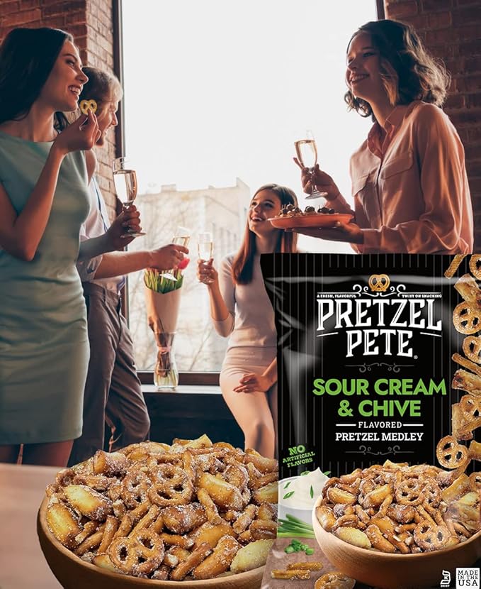 Pretzel Pete Sour Cream Chive Seasoned Pretzel Medley, Nut-Free and Sesame-Free Snack, Small Batch, Bold Flavor (9.5oz, Pack of 3)