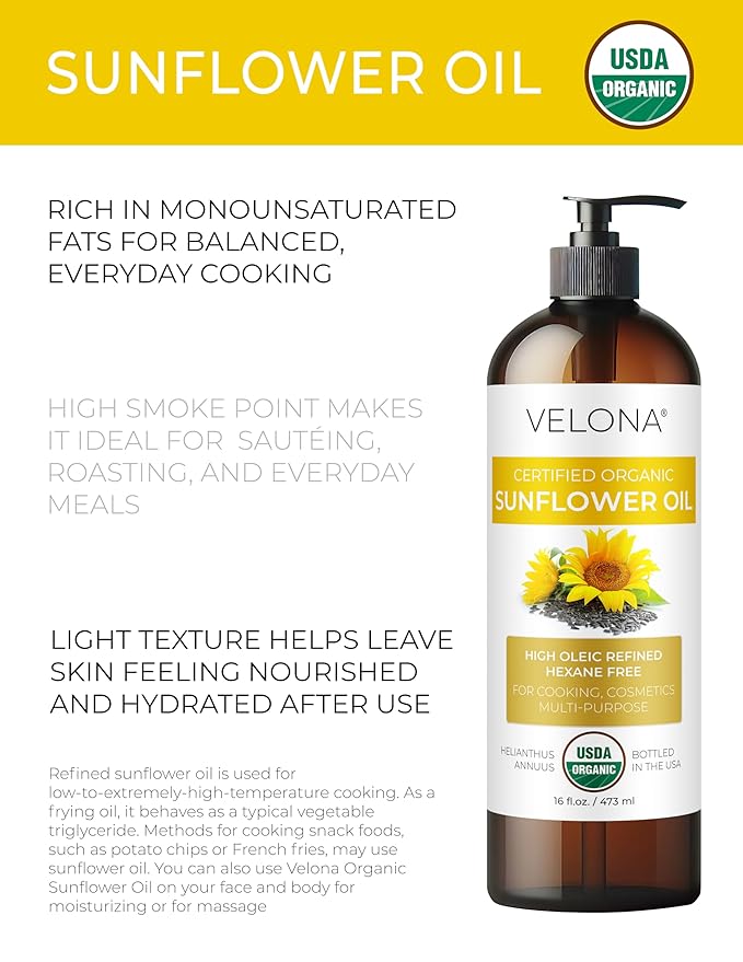 velona USDA Certified Organic Sunflower Oil - 8 Fl Oz | 100% Pure and Natural Carrier Oil | High Oleic, Refined| Cooking, Skin, Hair, Body & Face Moisturizing