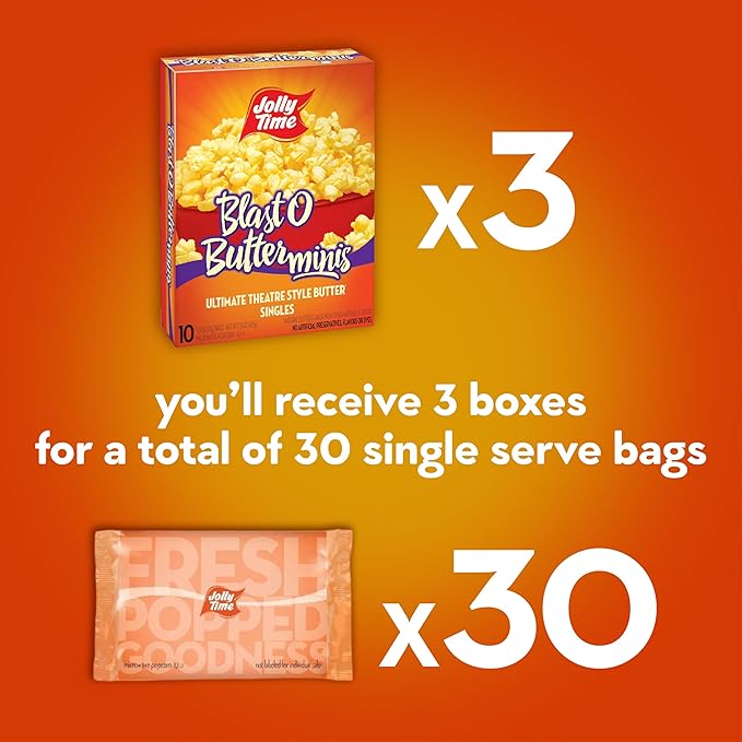 Jolly Time Blast O Butter, Ultimate Movie Theater Butter Microwave Popcorn, 1.5oz Personal Bag, 10 Bags Per Carton (Blast O Butter Minis, 1.5 Ounce (Pack of 30))