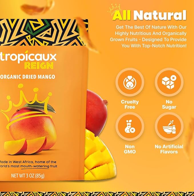 Organic Dried Mango No Sugar Added, 3oz, Pack of 2 (6oz Total) - Delicious and Nutritious Non-GMO Dried Mangoes - No Preservatives or Chemicals - Perfect Snack for Kids & Adults by Tropicaux Reign