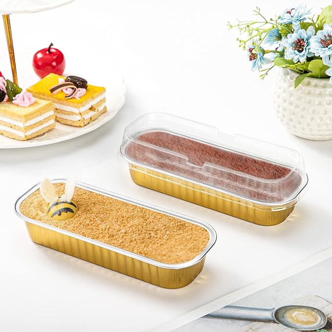 EUSOAR Gold Cupcake liners with Lids, 50pcs 6.8oz 6.5"x2.5"x1.2" Aluminum Disposable Ramekins Pan with Lids，Cupcake Baking Cups Containers Wrappers Dessert Cheesecake Creme Brulee Mini Loaf Cake Pan