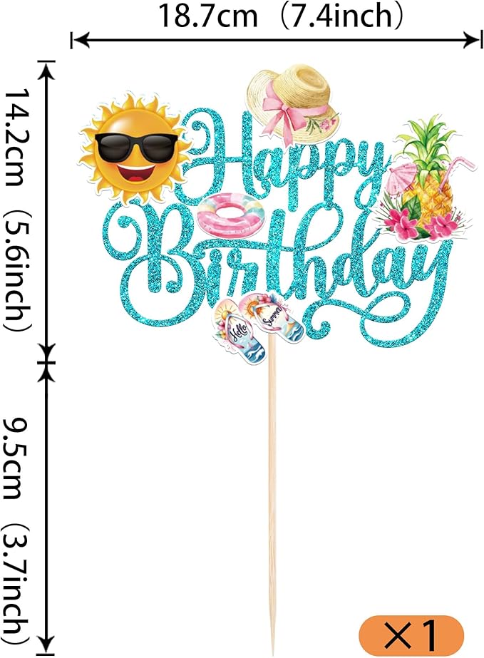 1 PCS Summer Beach Happy Birthday Cake Topper Sun Flip-Flops Pineapple Flatator Hat Cake Pick Pool Party Decorations for Tropical Hawaiian Luau Theme Birthday Party Cake Decorations Supplies Blue